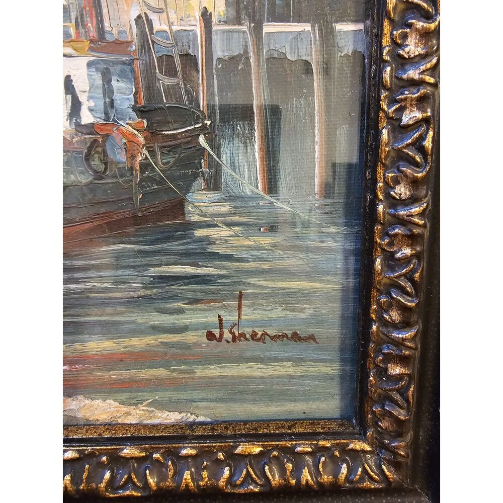 Vintage Mid Century W. Sherman Framed Oil Painting – Harbor Sunset Seascape - Picture 4 of 4